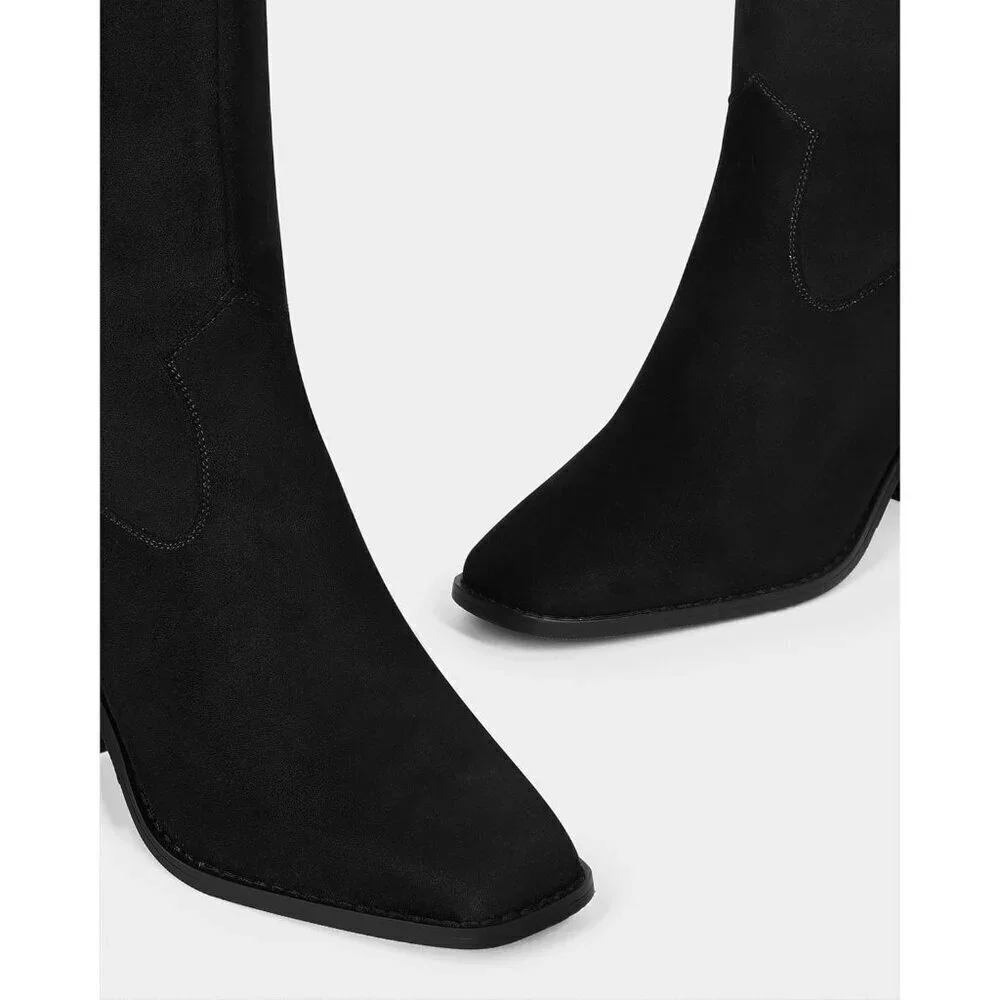 Women Black Polyurethane Knee High Square Toe Side Zipper Block Heel Tall Boots
